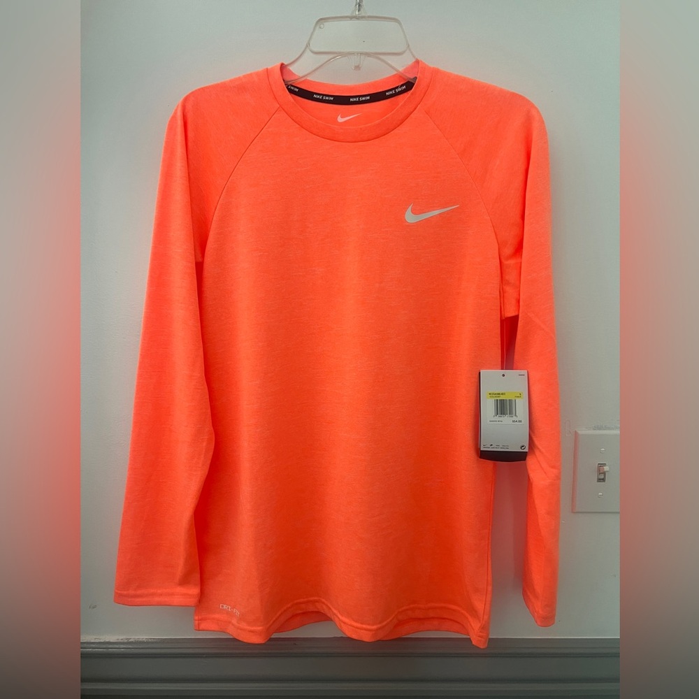 Nike Swim Mens Bright Orange Mango Dri-Fit UPF 40+ Long Sleeve Gym Shirt Small
